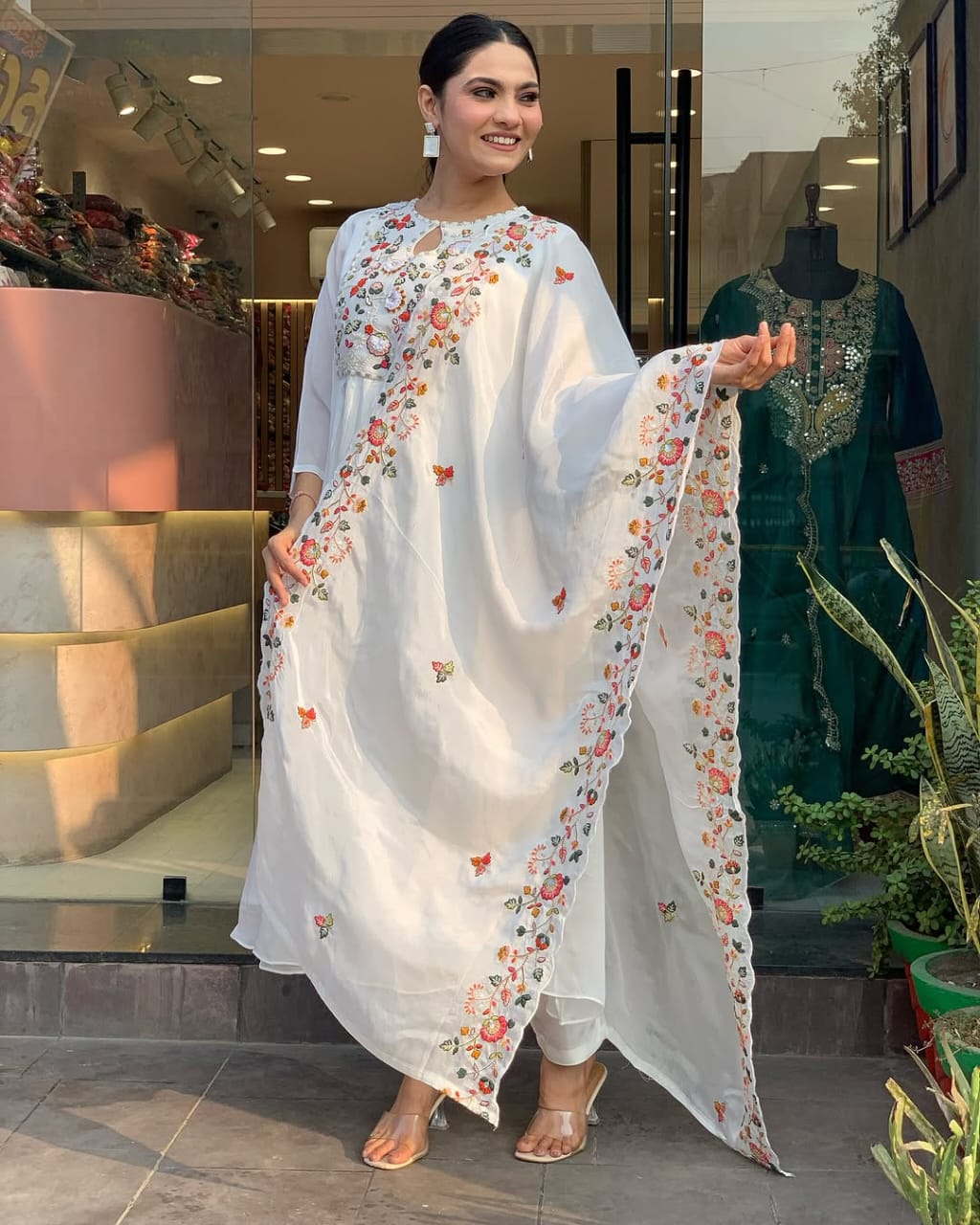 White Floral Embroidered Anarkali Kurta Set with Dupatta