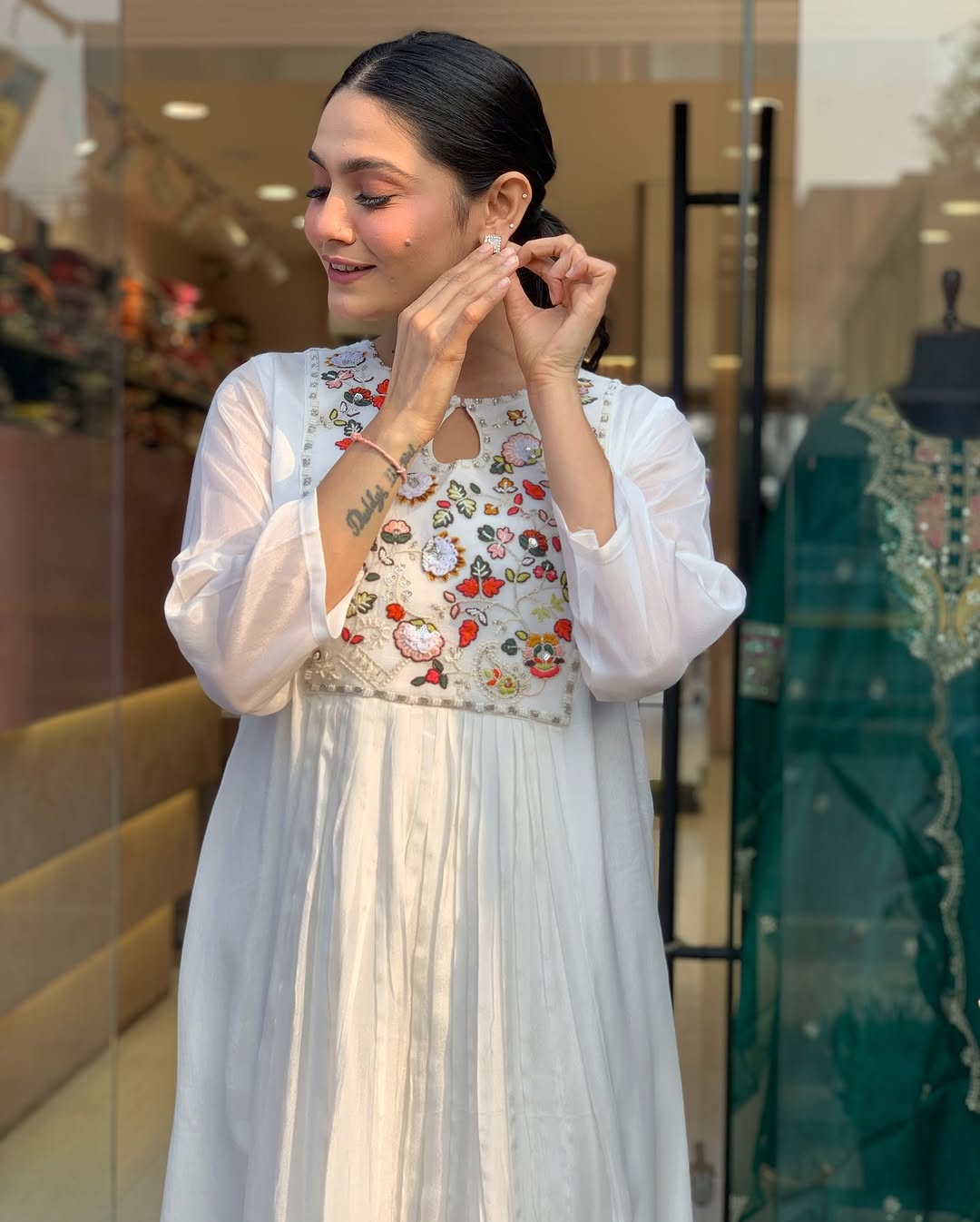 White Floral Embroidered Anarkali Kurta Set with Dupatta
