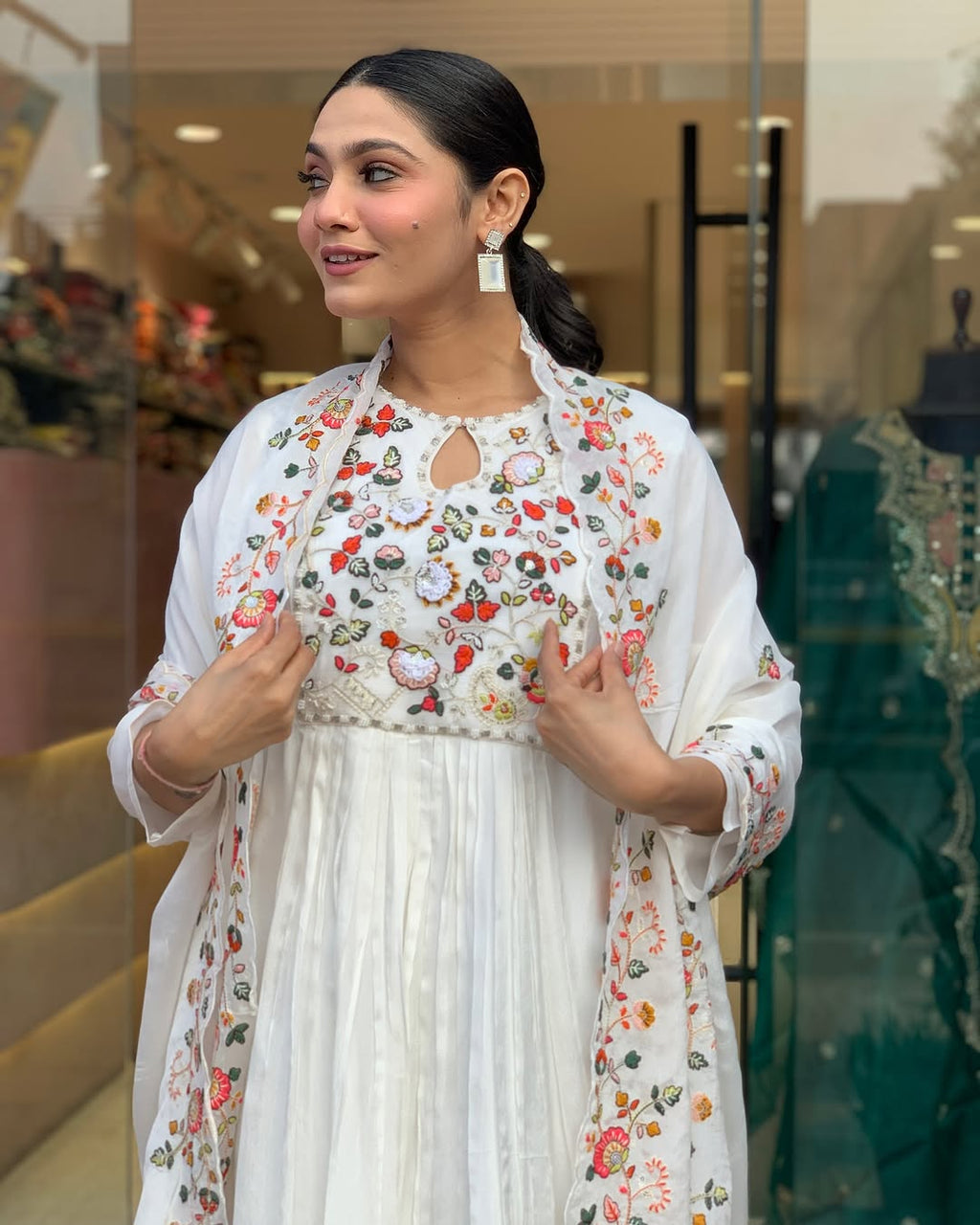 White Floral Embroidered Anarkali Kurta Set with Dupatta