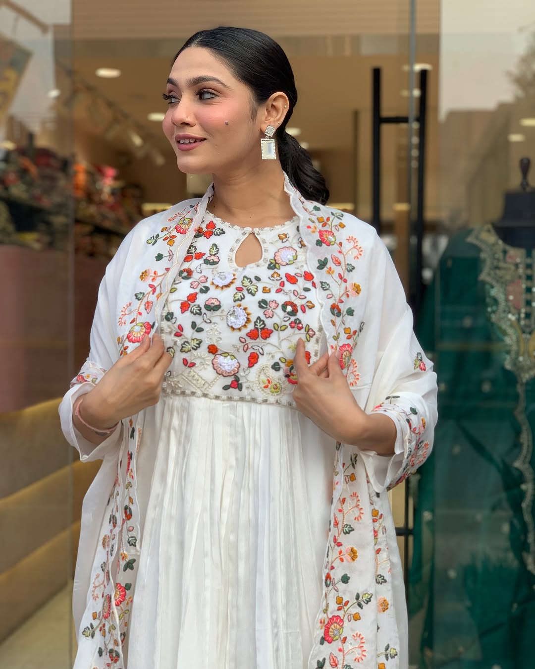 White Floral Embroidered Anarkali Kurta Set with Dupatta