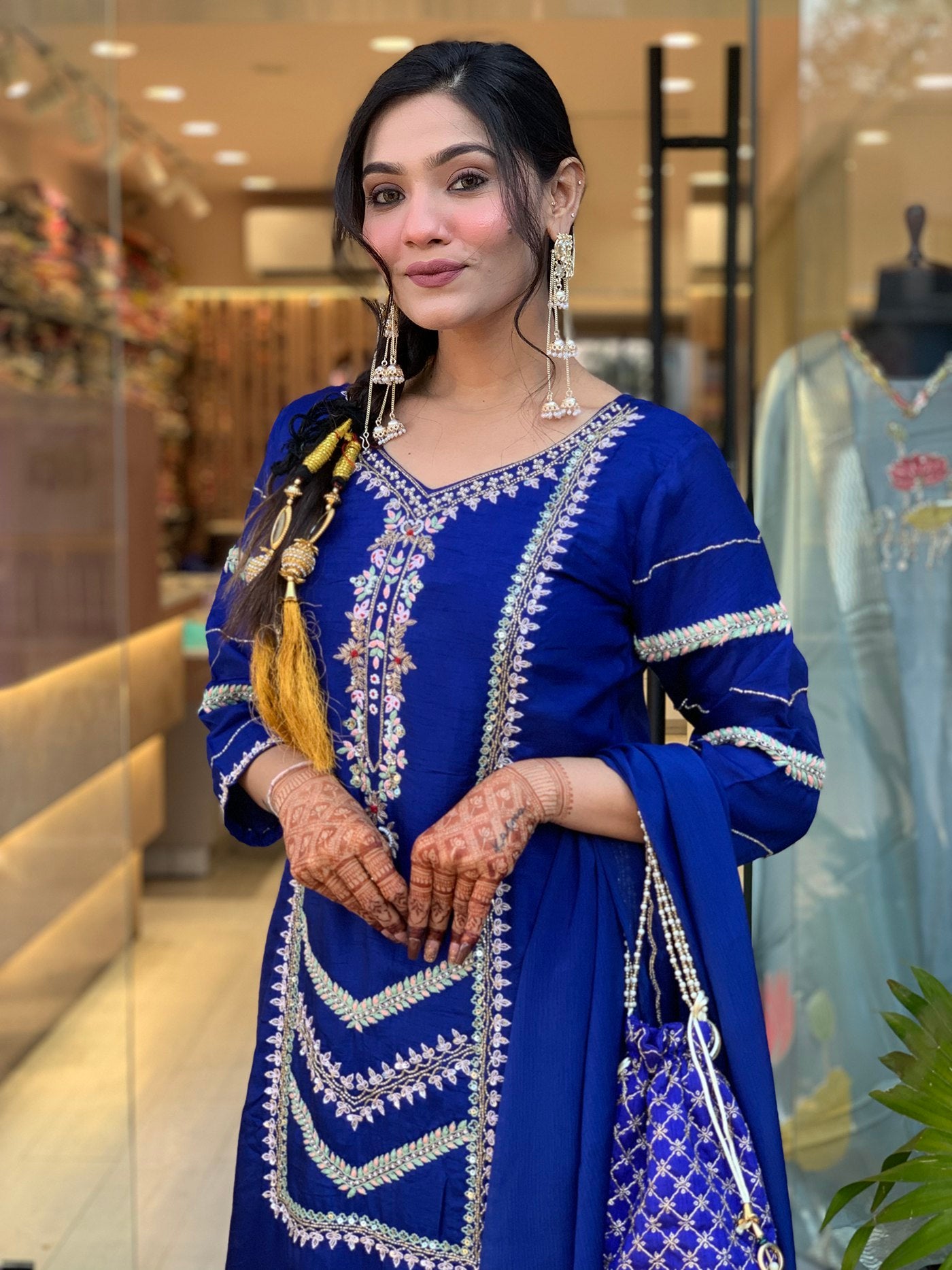 Royal Blue Kurta, Palazzo & Dupatta Set with Sequined Embellishment