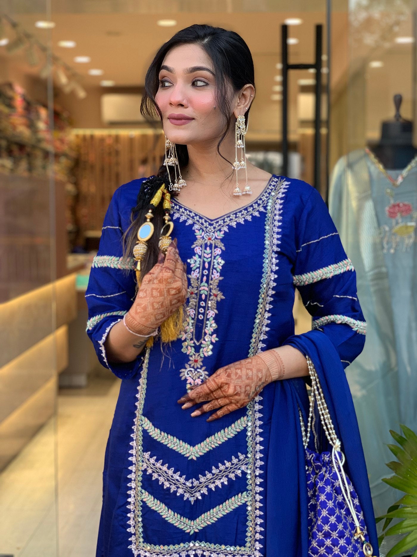 Royal Blue Kurta, Palazzo & Dupatta Set with Sequined Embellishment