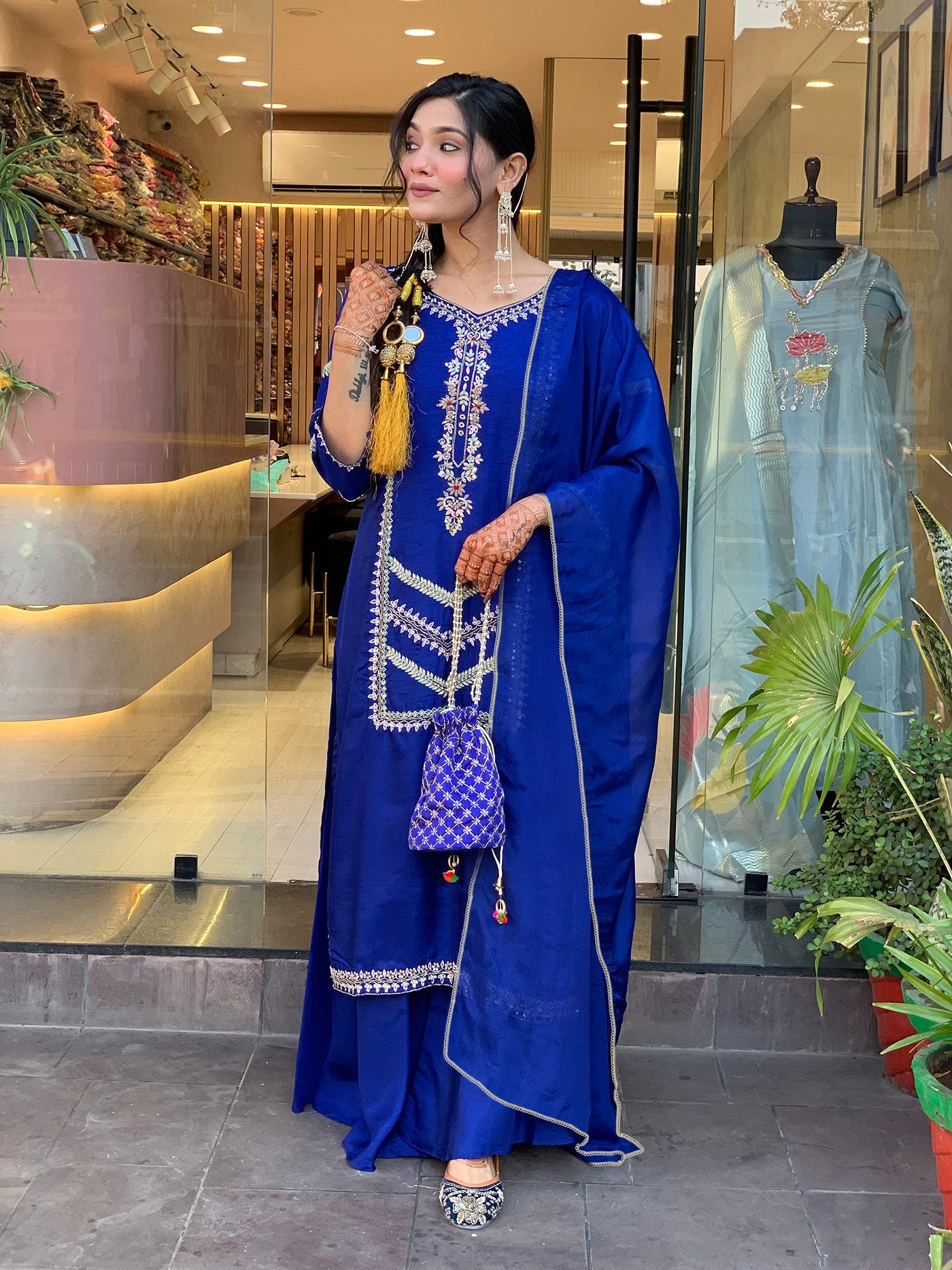 Royal Blue Kurta, Palazzo & Dupatta Set with Sequined Embellishment