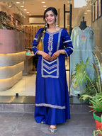 Royal Blue Kurta, Palazzo & Dupatta Set with Sequined Embellishment