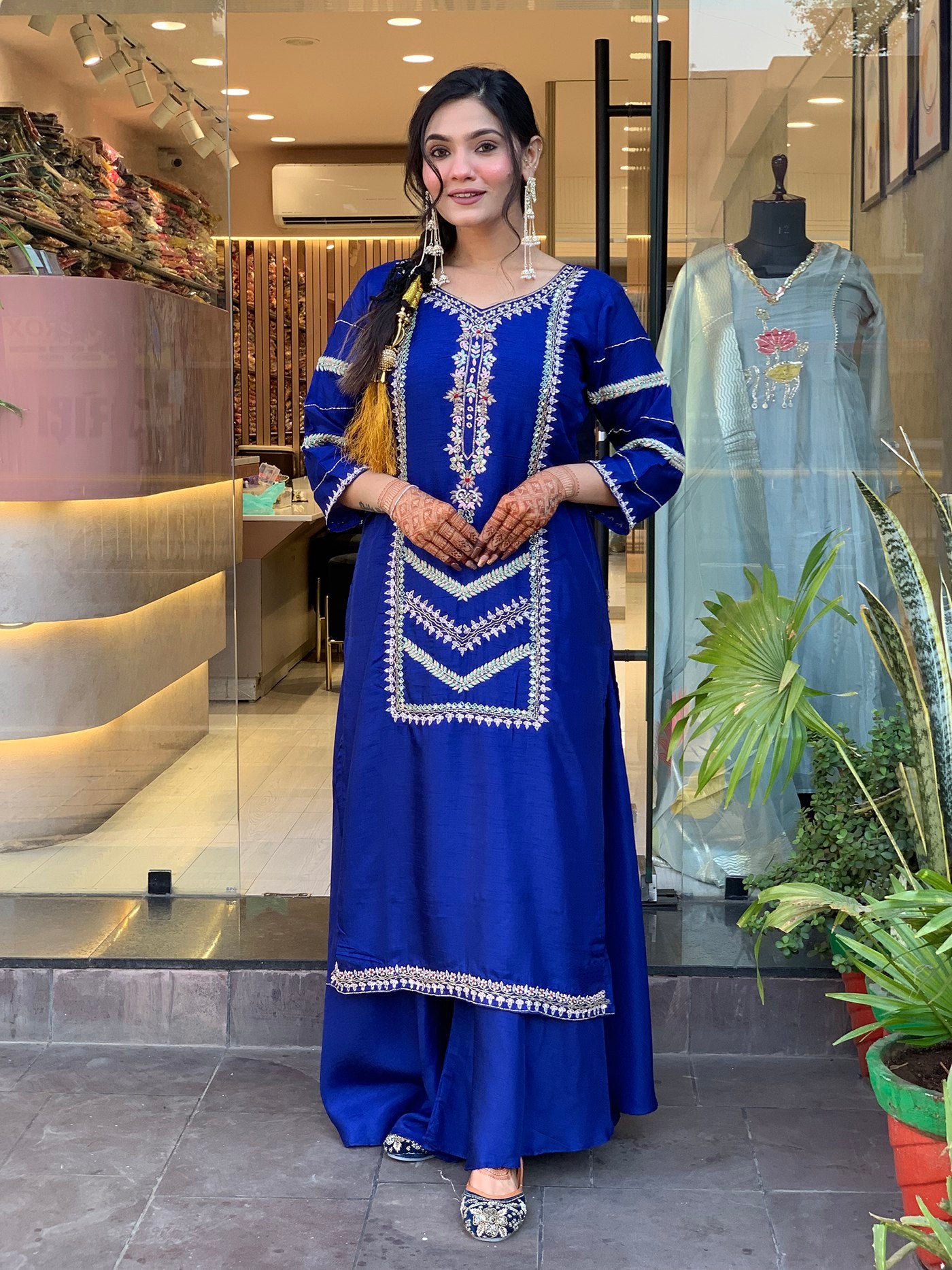 Royal Blue Kurta, Palazzo & Dupatta Set with Sequined Embellishment
