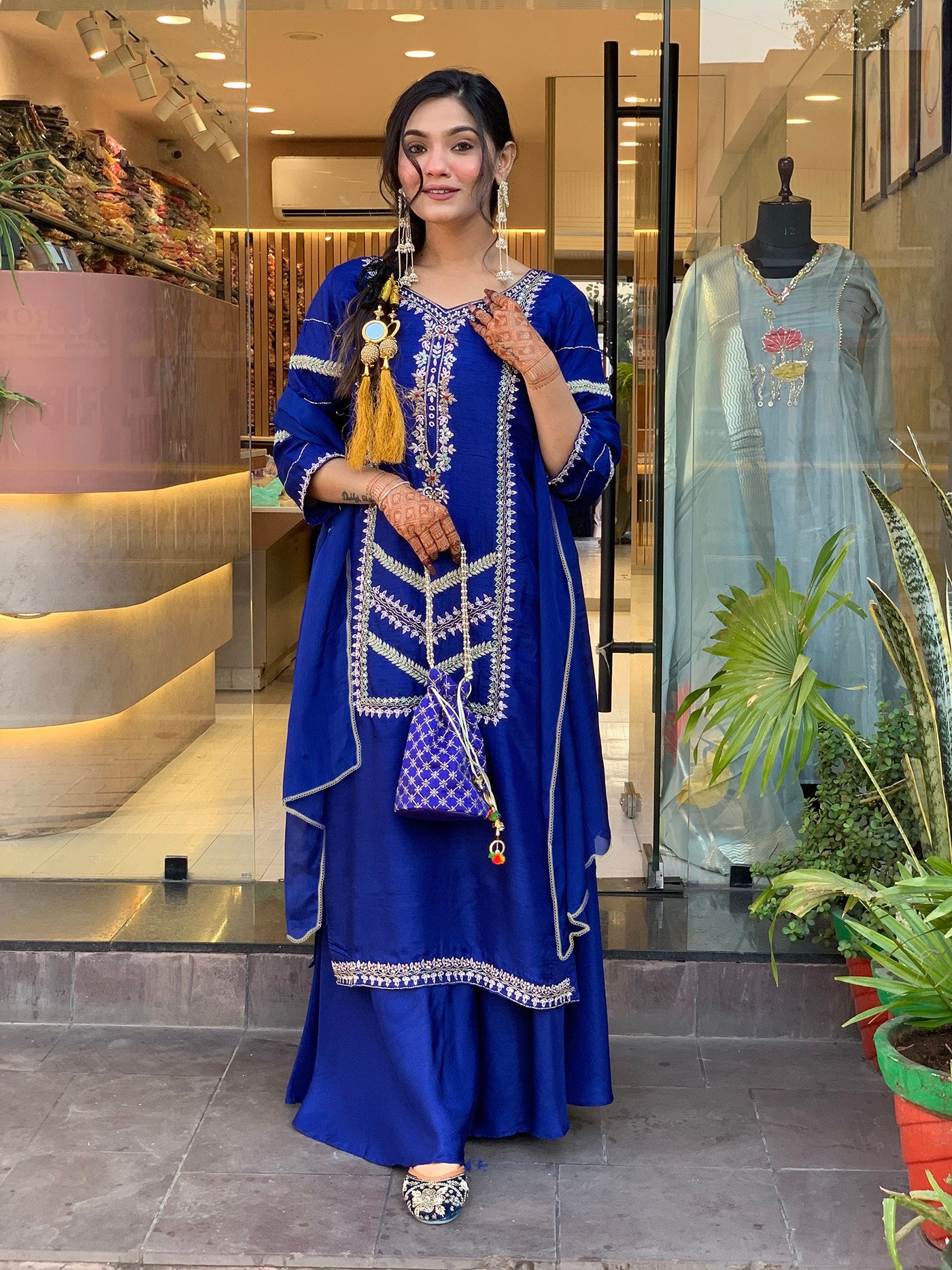 Royal Blue Kurta, Palazzo & Dupatta Set with Sequined Embellishment