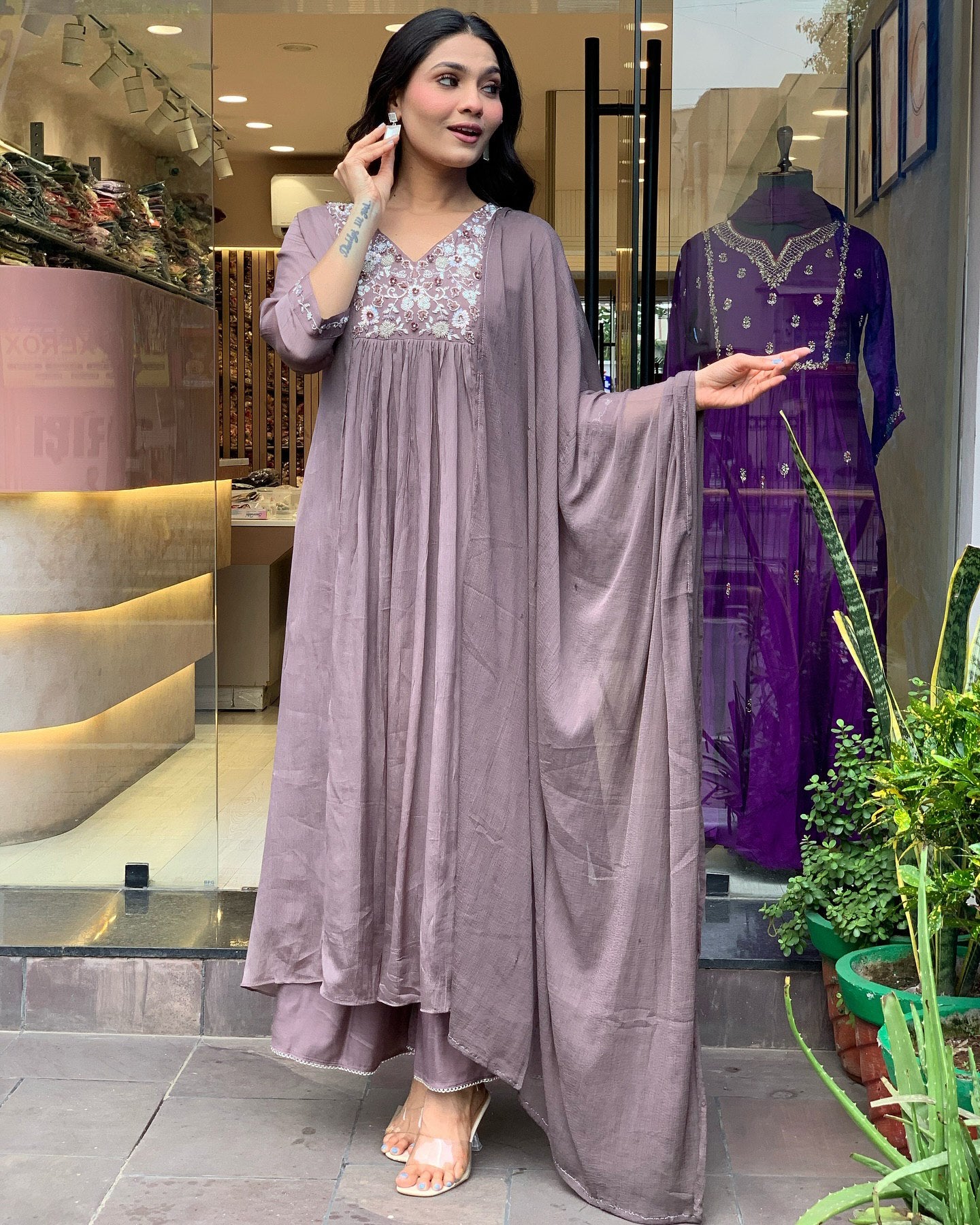Tiered Mauve Chanderi Anarkali with Thread & Sequin Embellishments