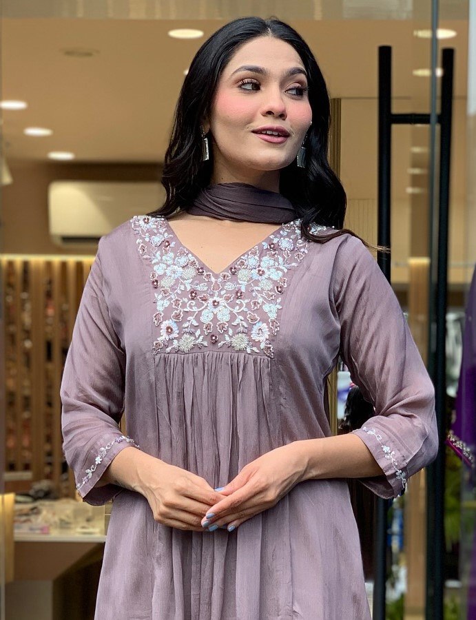 Tiered Mauve Chanderi Anarkali with Thread & Sequin Embellishments