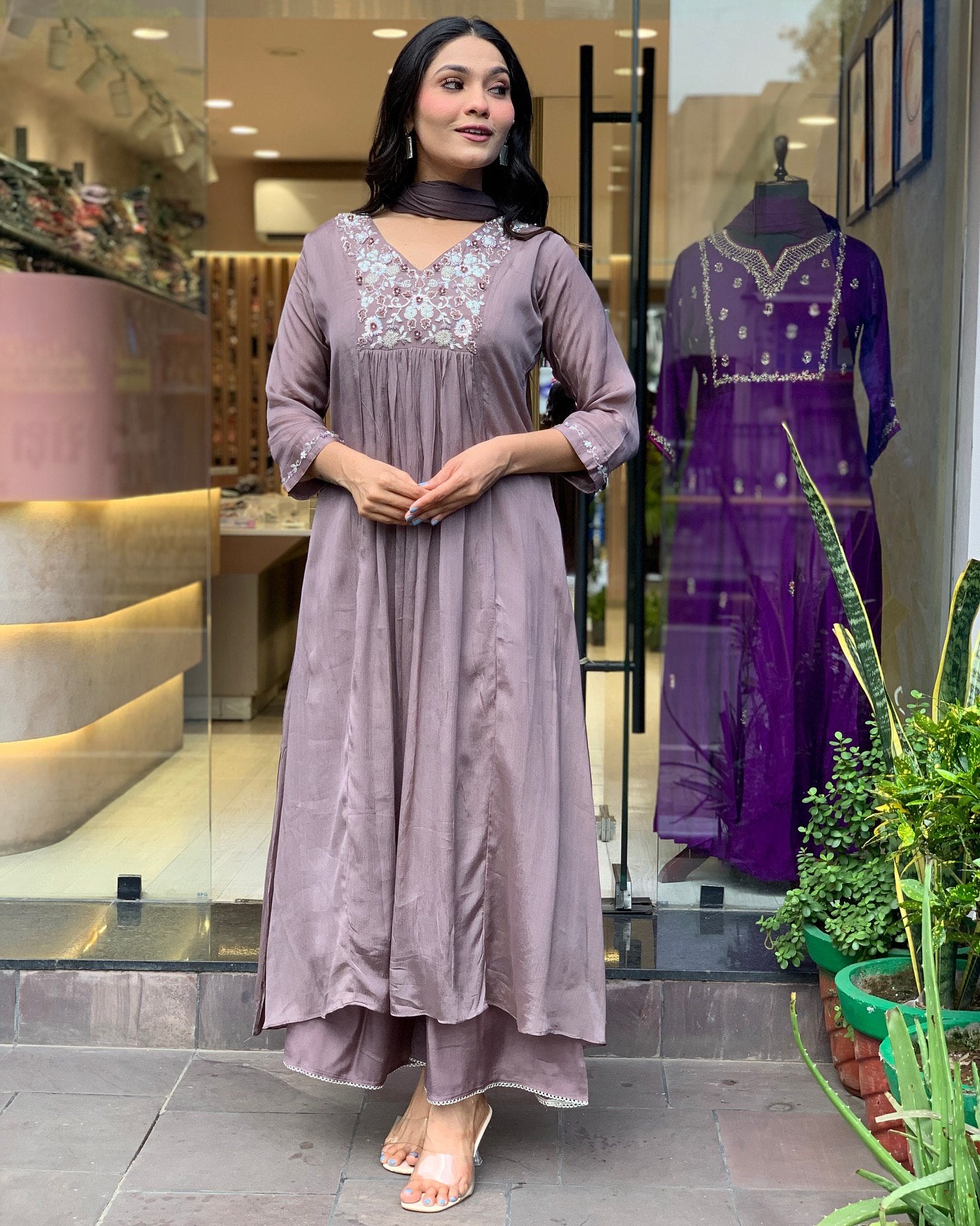 Tiered Mauve Chanderi Anarkali with Thread & Sequin Embellishments