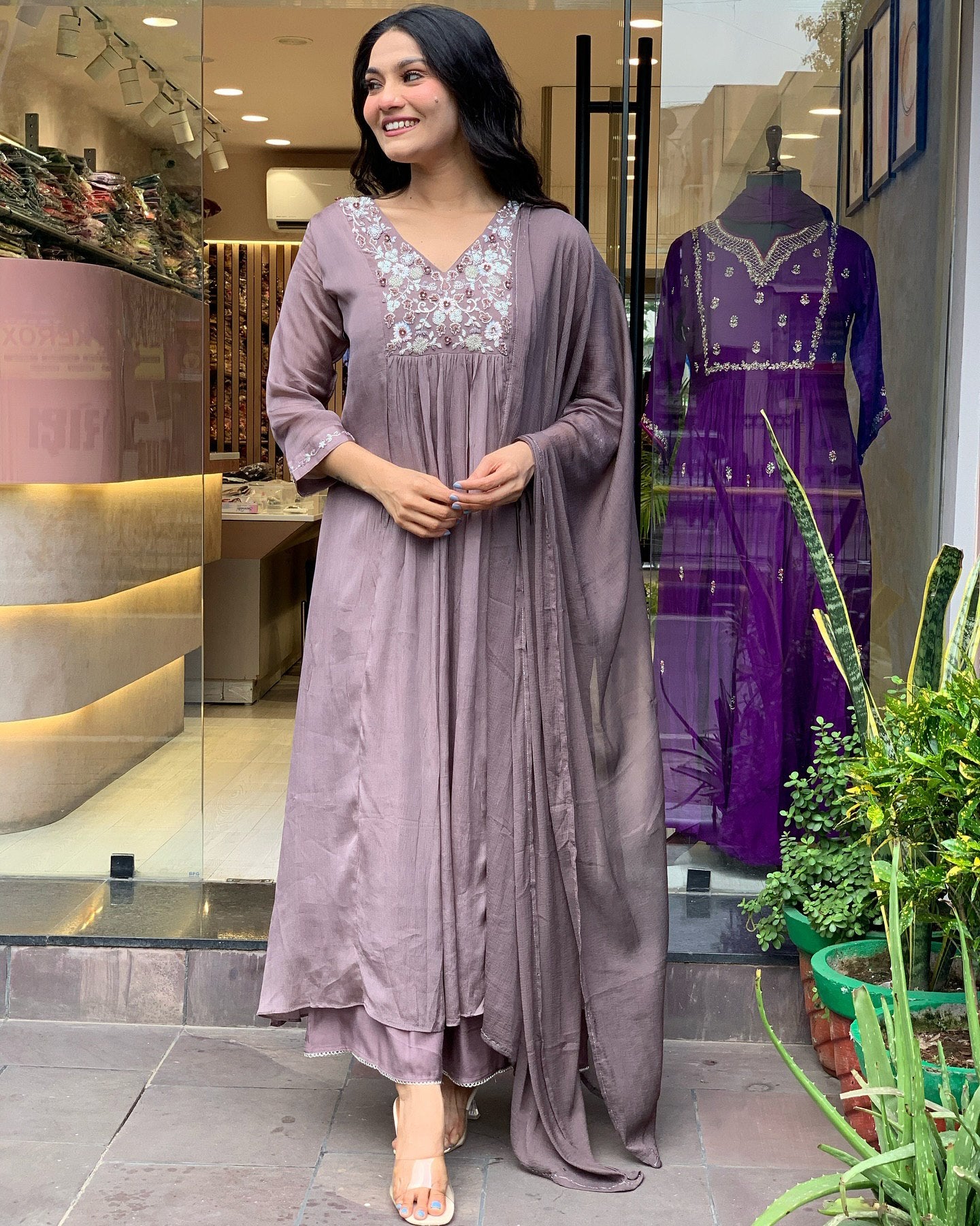 Tiered Mauve Chanderi Anarkali with Thread & Sequin Embellishments