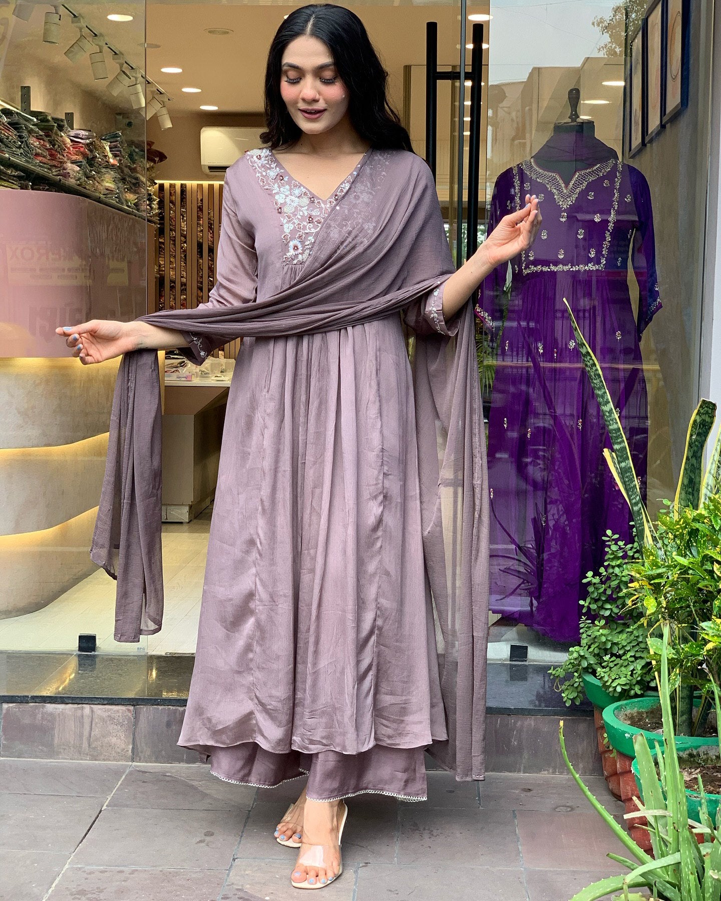 Tiered Mauve Chanderi Anarkali with Thread & Sequin Embellishments