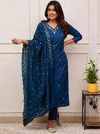 Designer Blue Straight Kurta Set with Golden Detailing