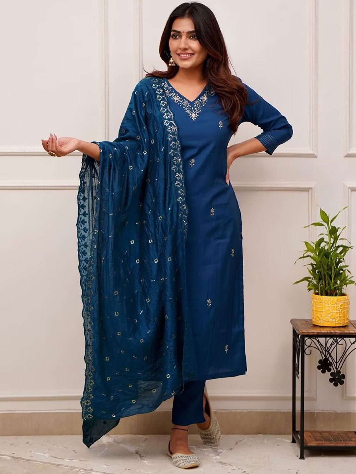Designer Blue Straight Kurta Set with Golden Detailing