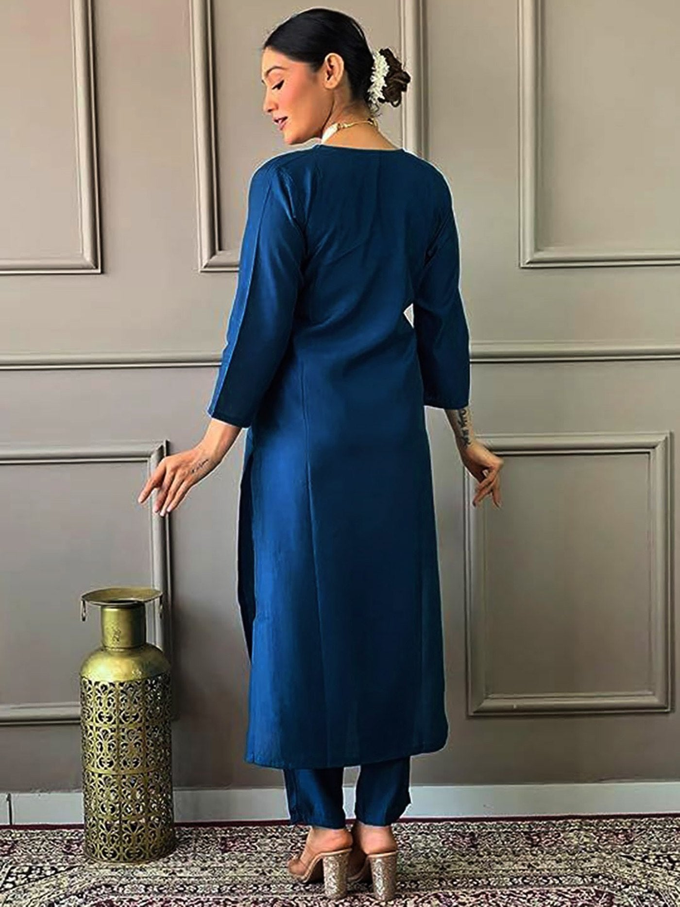 Designer Blue Straight Kurta Set with Golden Detailing