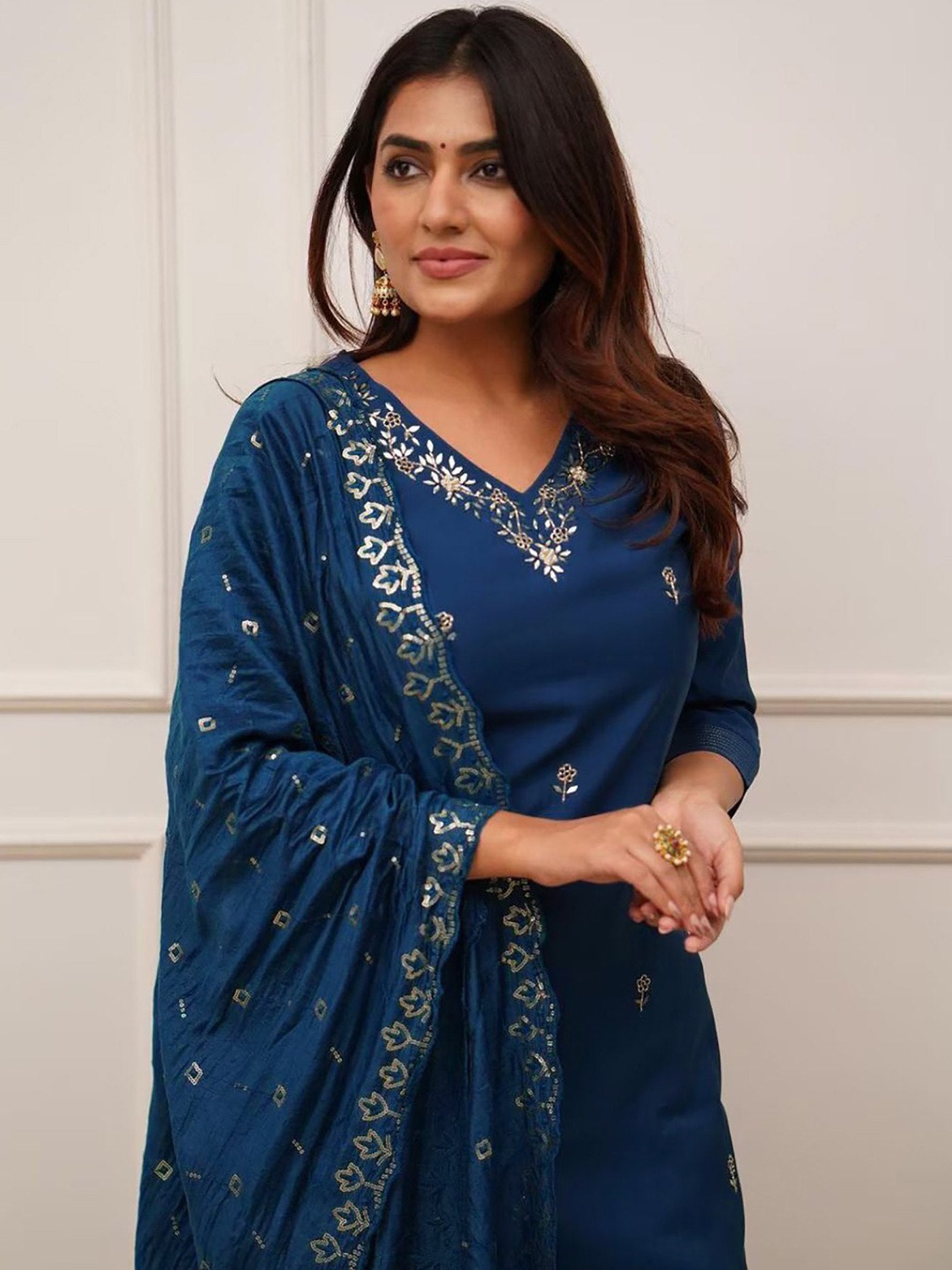 Designer Blue Straight Kurta Set with Golden Detailing