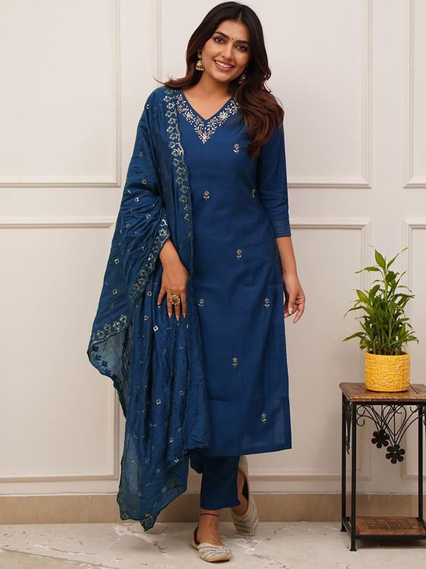 Designer Blue Straight Kurta Set with Golden Detailing