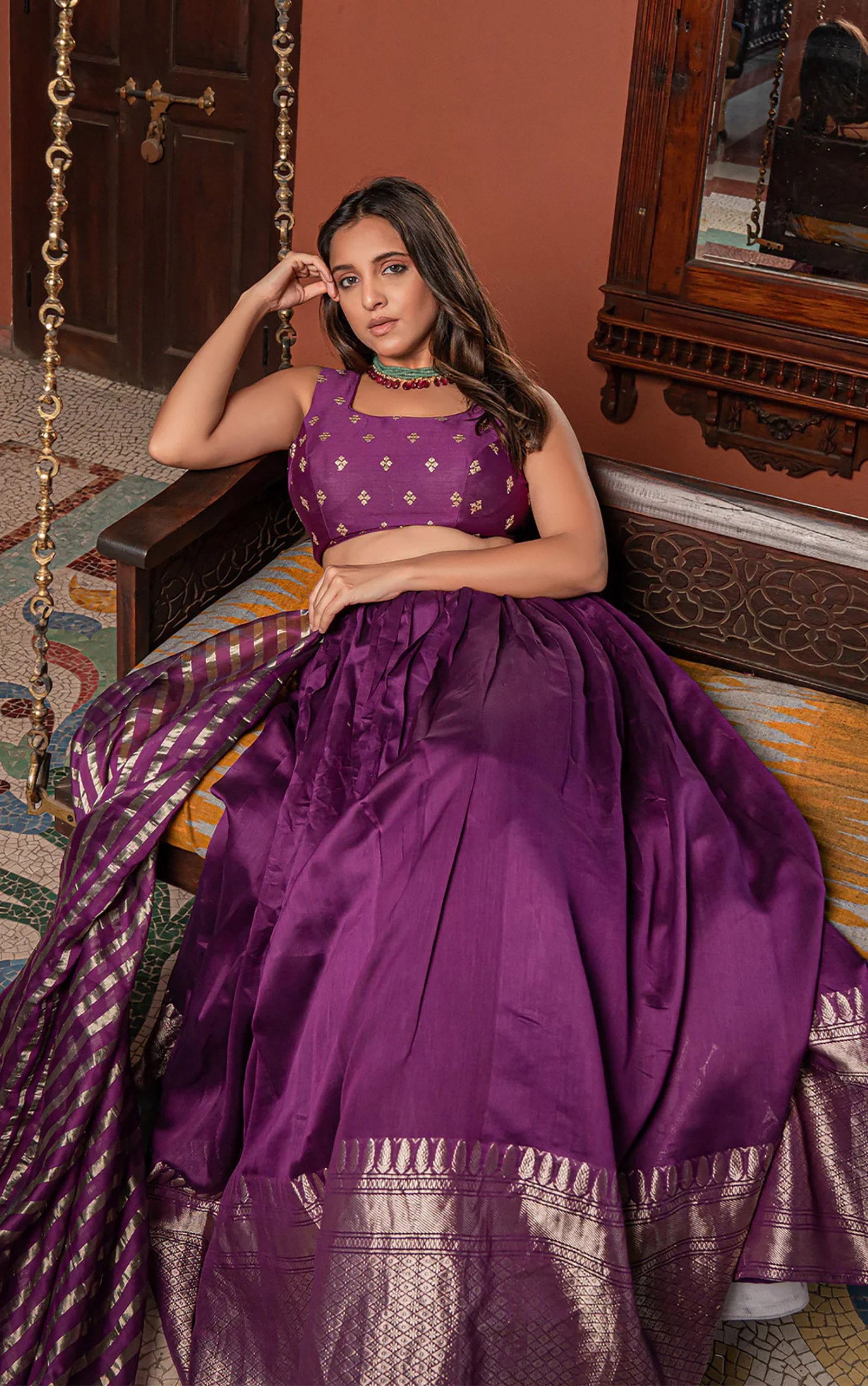 Designer Dark Purple Silk Lehenga Choli with Golden Zari and Striped Dupatta