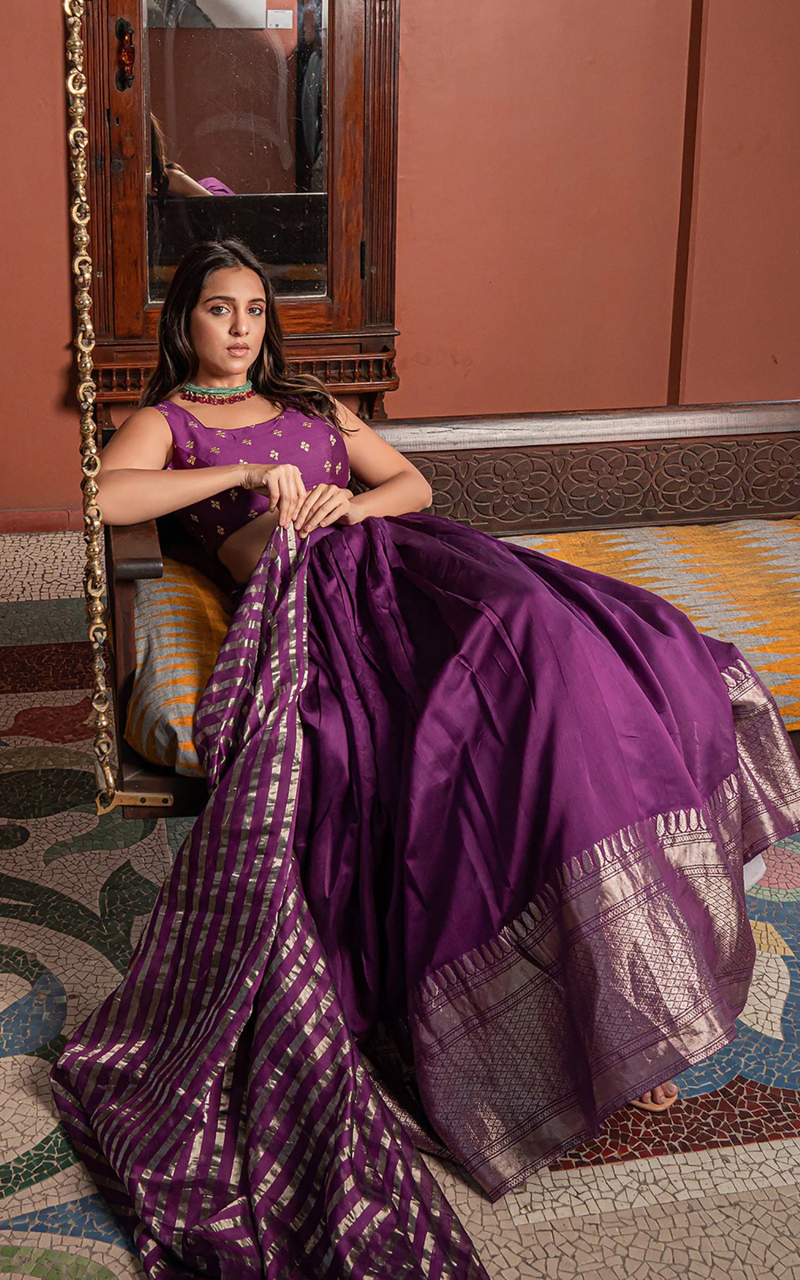 Designer Dark Purple Silk Lehenga Choli with Golden Zari and Striped Dupatta