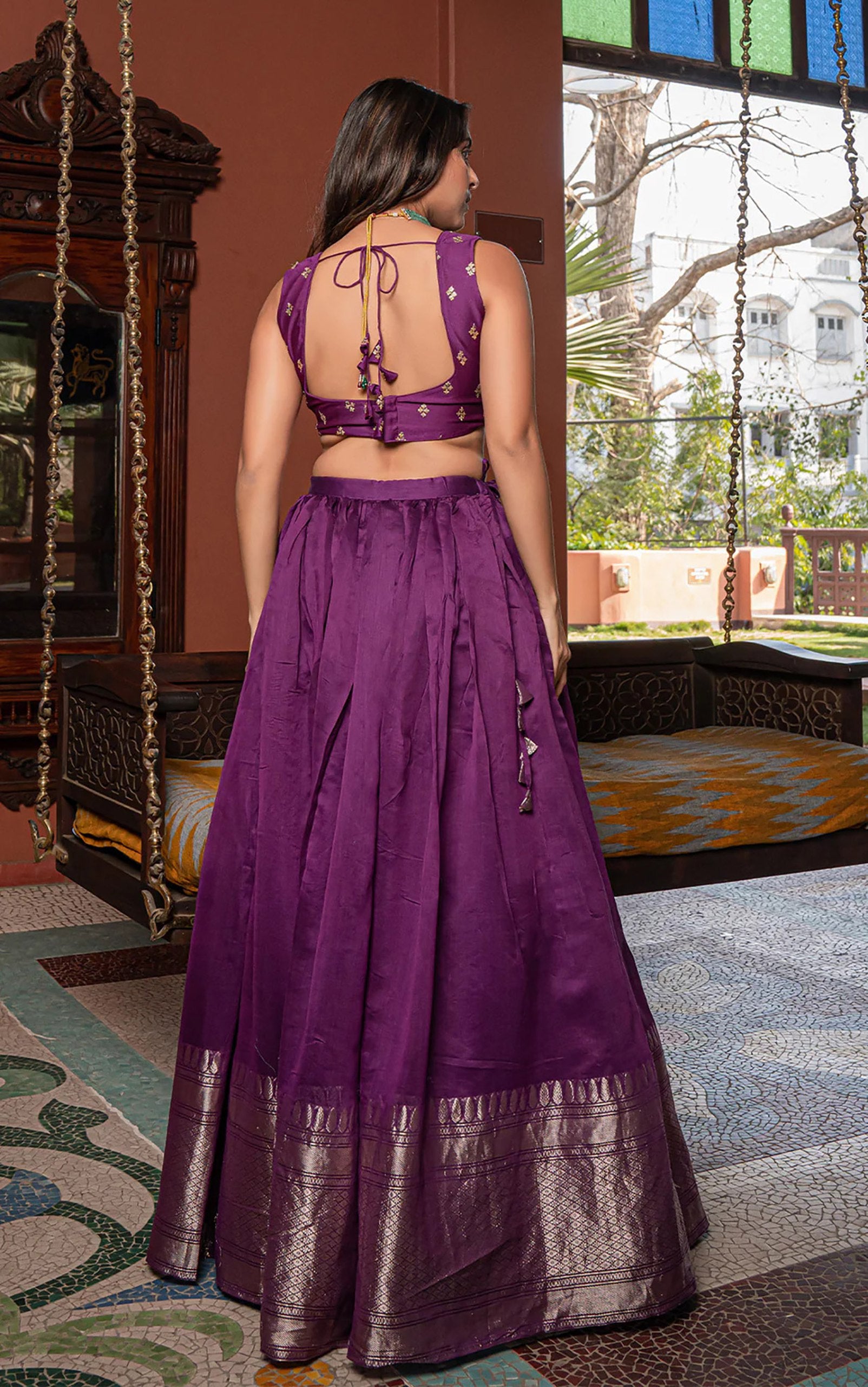Designer Dark Purple Silk Lehenga Choli with Golden Zari and Striped Dupatta
