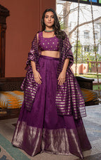Designer Dark Purple Silk Lehenga Choli with Golden Zari and Striped Dupatta