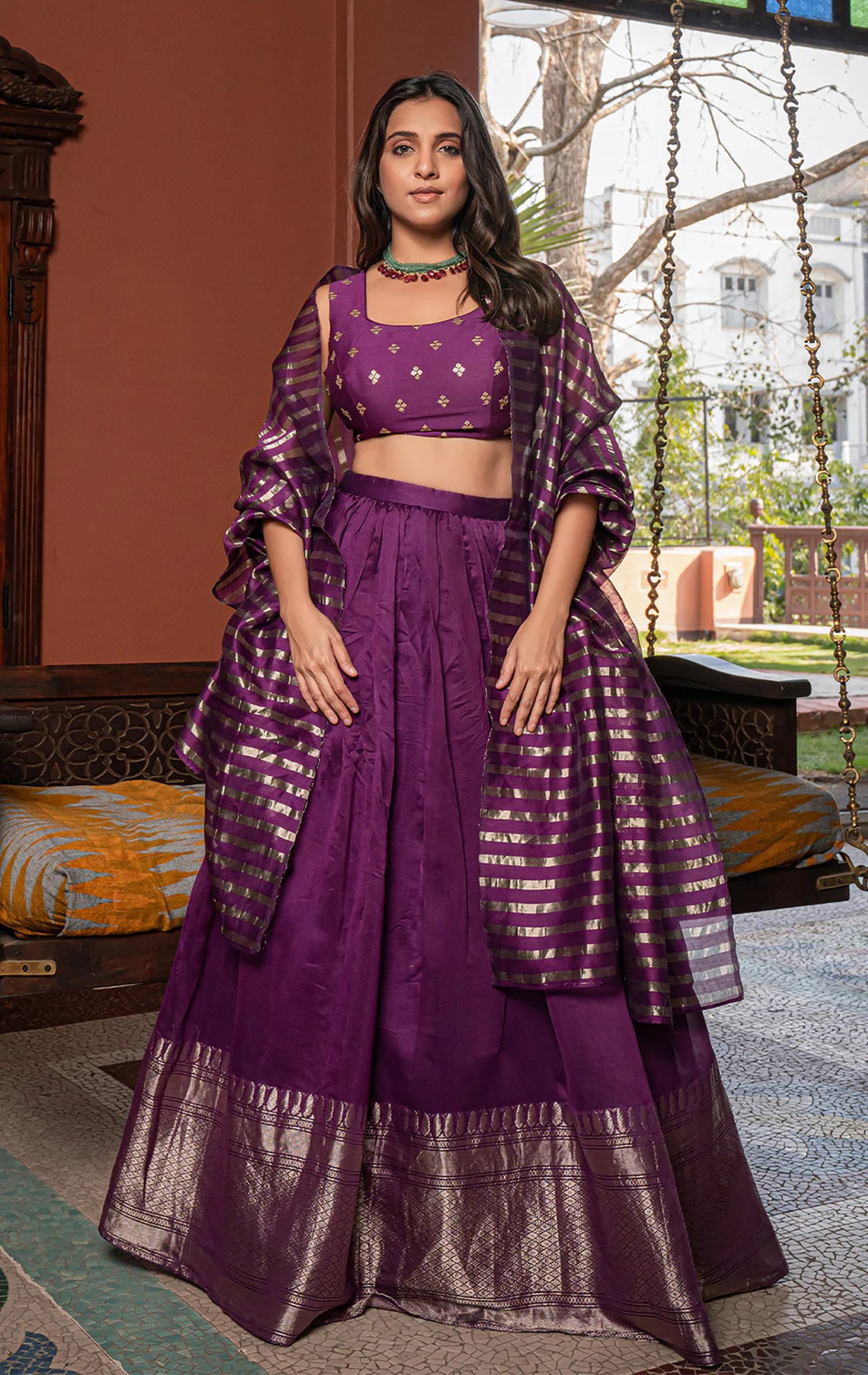 Designer Dark Purple Silk Lehenga Choli with Golden Zari and Striped Dupatta