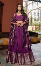 Designer Dark Purple Silk Lehenga Choli with Golden Zari and Striped Dupatta