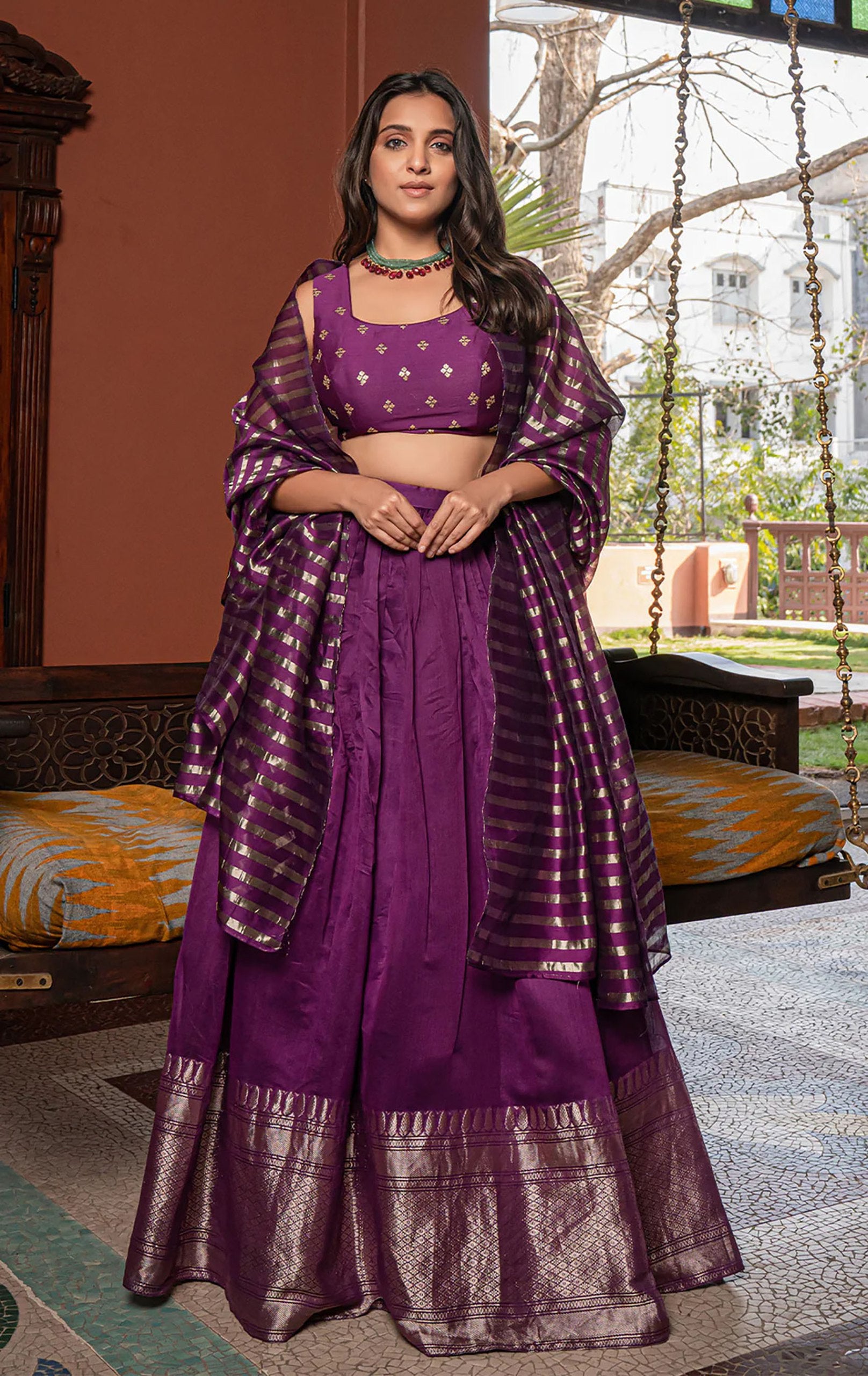 Designer Dark Purple Silk Lehenga Choli with Golden Zari and Striped Dupatta