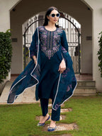 Elegant Blue Straight Kurta & Pant Set with Chiffon Dupatta