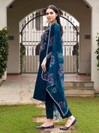 Elegant Blue Straight Kurta & Pant Set with Chiffon Dupatta
