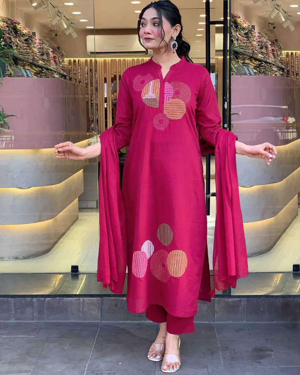 Festive Pink  Kurta Set with Geometric Embroidery