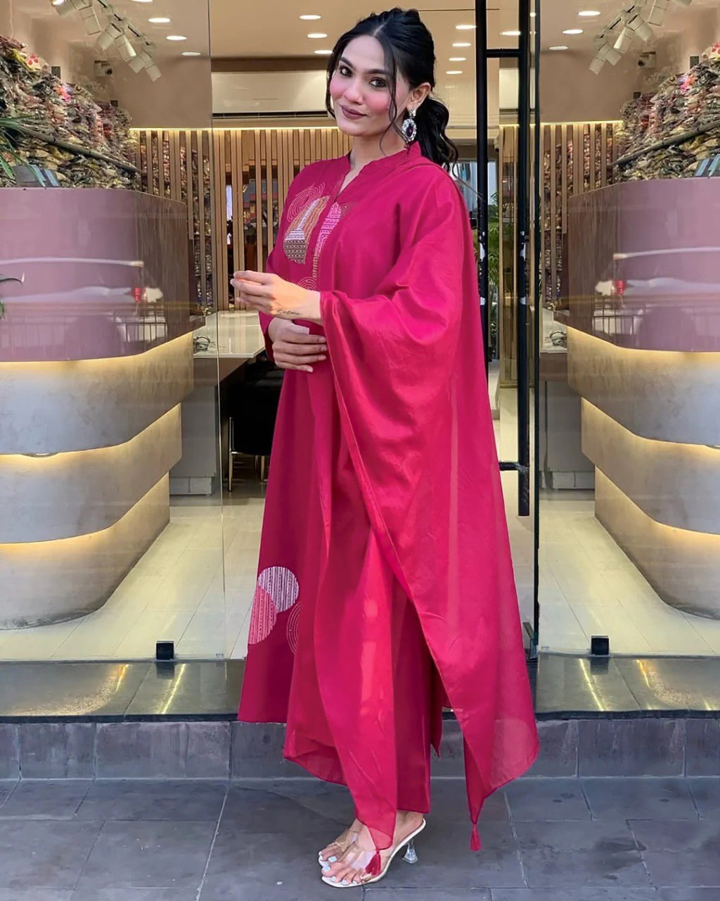 Festive Pink  Kurta Set with Geometric Embroidery