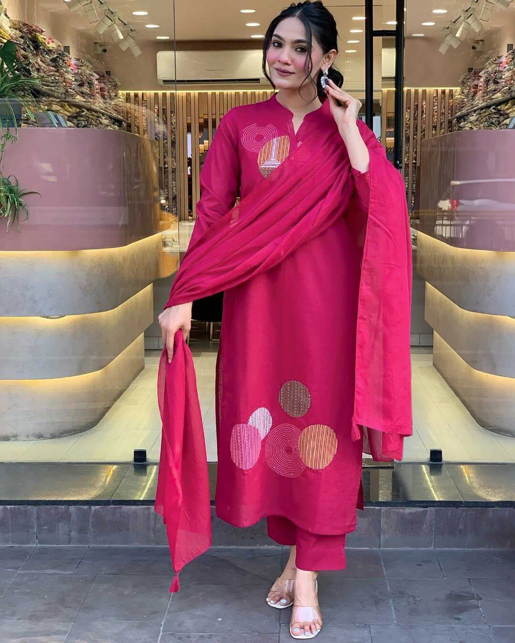 Festive Pink  Kurta Set with Geometric Embroidery
