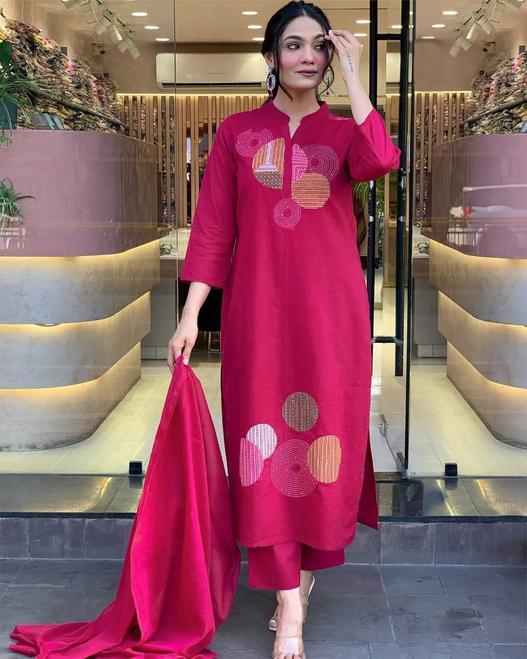 Festive Pink  Kurta Set with Geometric Embroidery