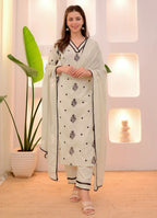 White Printed Kurta Set with Black Detailing & Dupatta