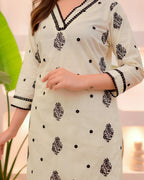 White Printed Kurta Set with Black Detailing & Dupatta