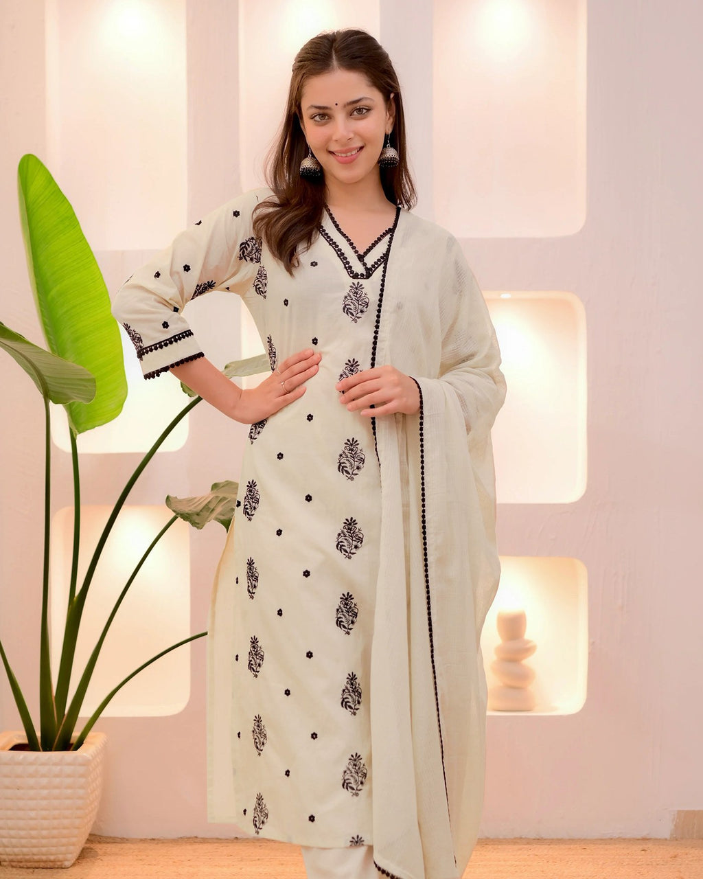 White Printed Kurta Set with Black Detailing & Dupatta