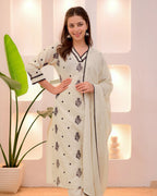 White Printed Kurta Set with Black Detailing & Dupatta