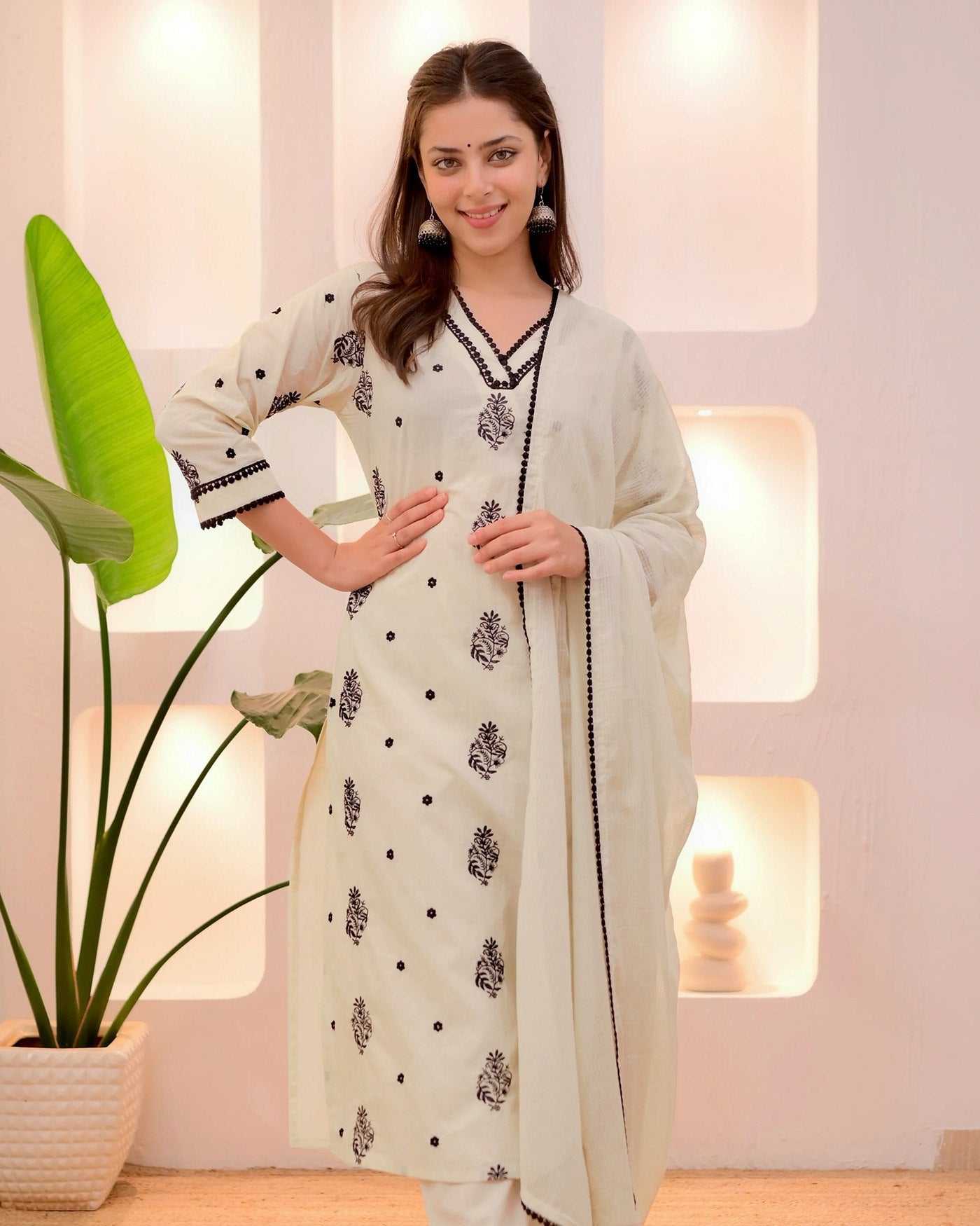White Printed Kurta Set with Black Detailing & Dupatta