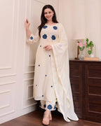 Chic White Kurta Set with Blue Thread Work & Dupatta