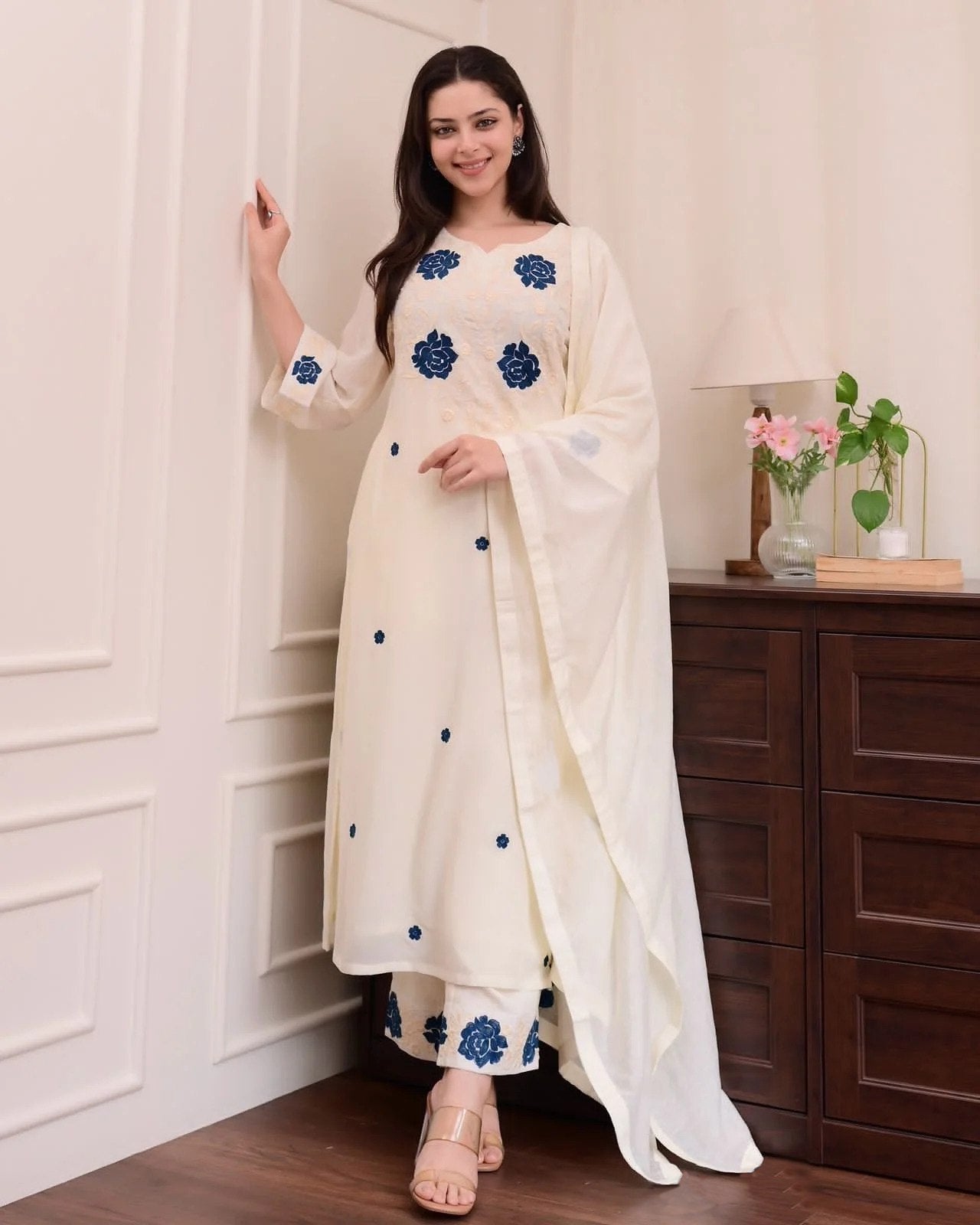 Chic White Kurta Set with Blue Thread Work & Dupatta