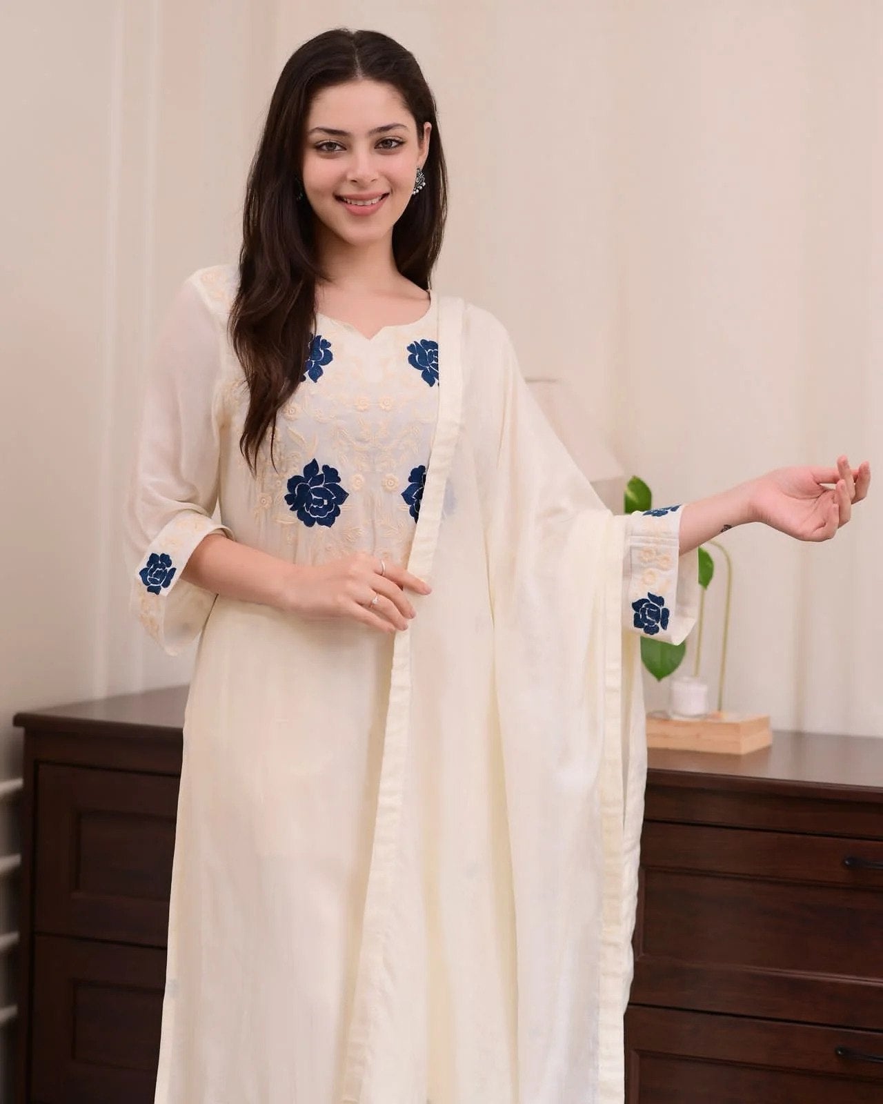 Chic White Kurta Set with Blue Thread Work & Dupatta