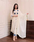Chic White Kurta Set with Blue Thread Work & Dupatta