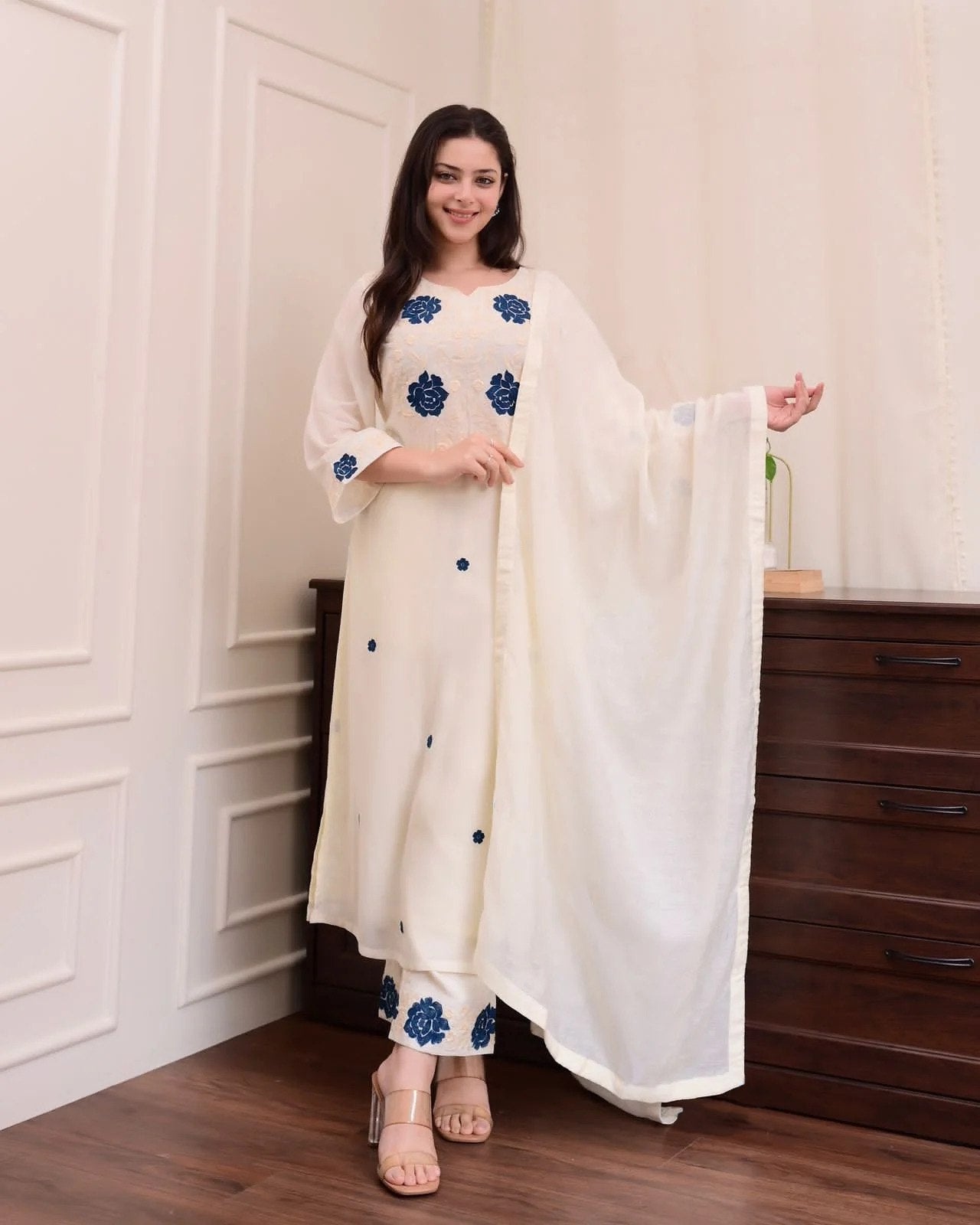 Chic White Kurta Set with Blue Thread Work & Dupatta