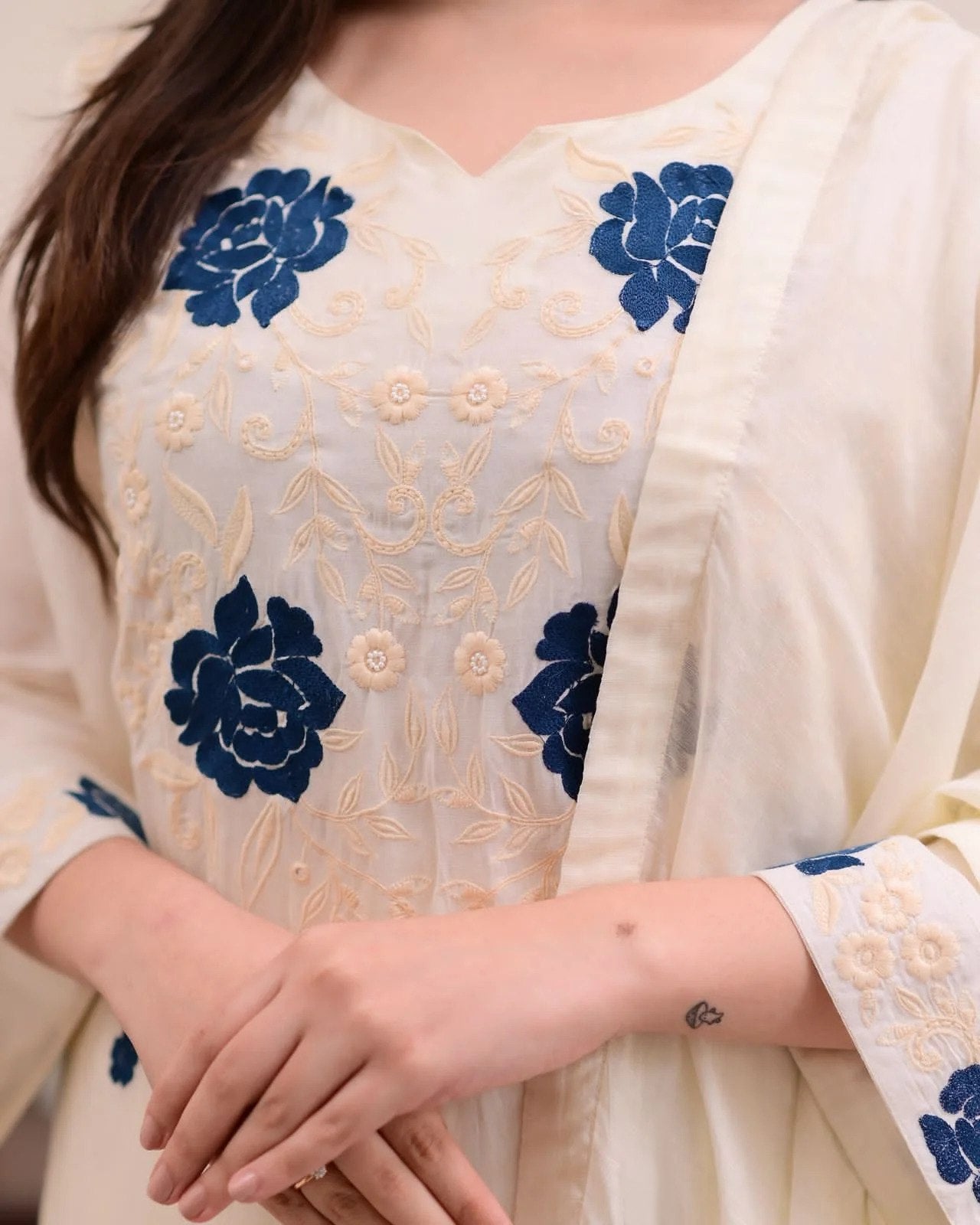 Chic White Kurta Set with Blue Thread Work & Dupatta
