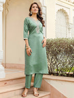 Teal-Green Satin Silk Kurta Set with Floral Dupatta