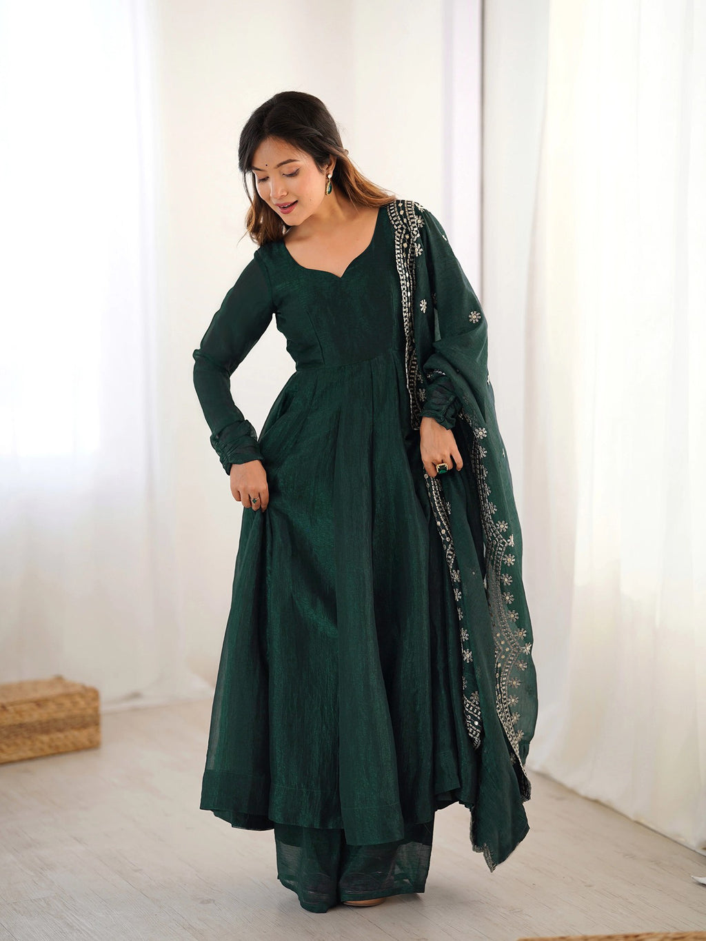 Graceful Green Anarkali Kurta with Palazzo & Dupatta