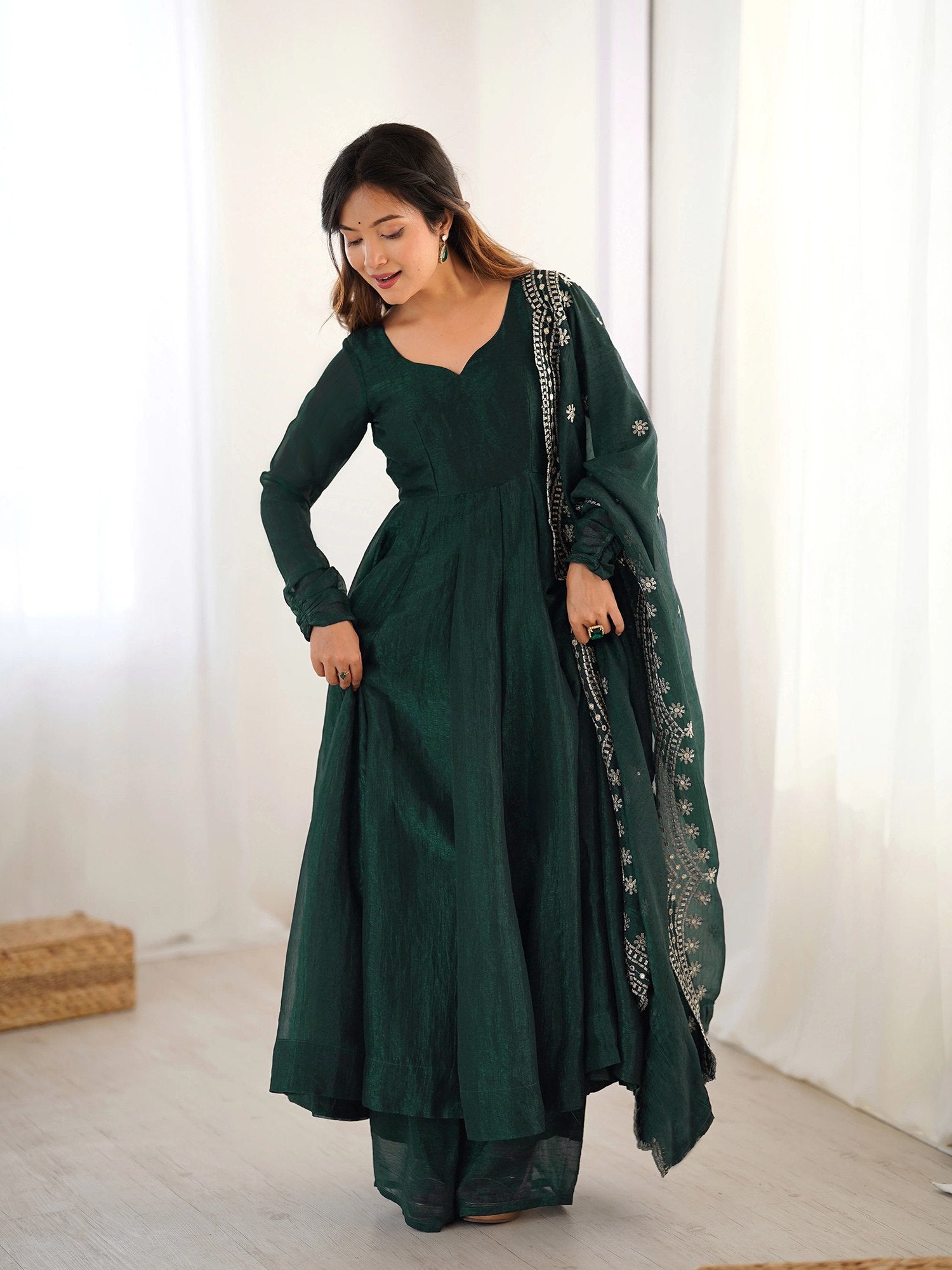 Graceful Green Anarkali Kurta with Palazzo & Dupatta