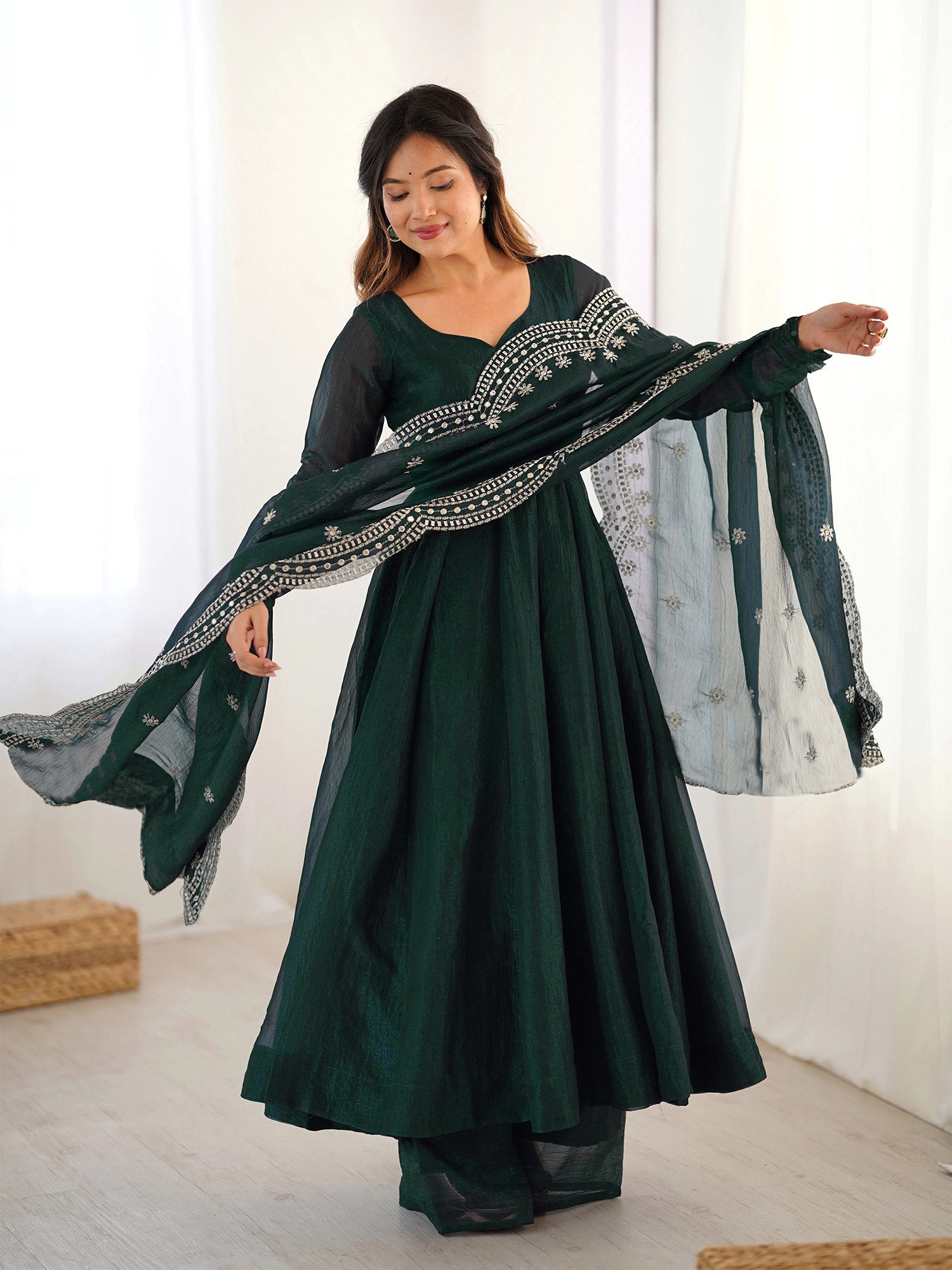 Graceful Green Anarkali Kurta with Palazzo & Dupatta
