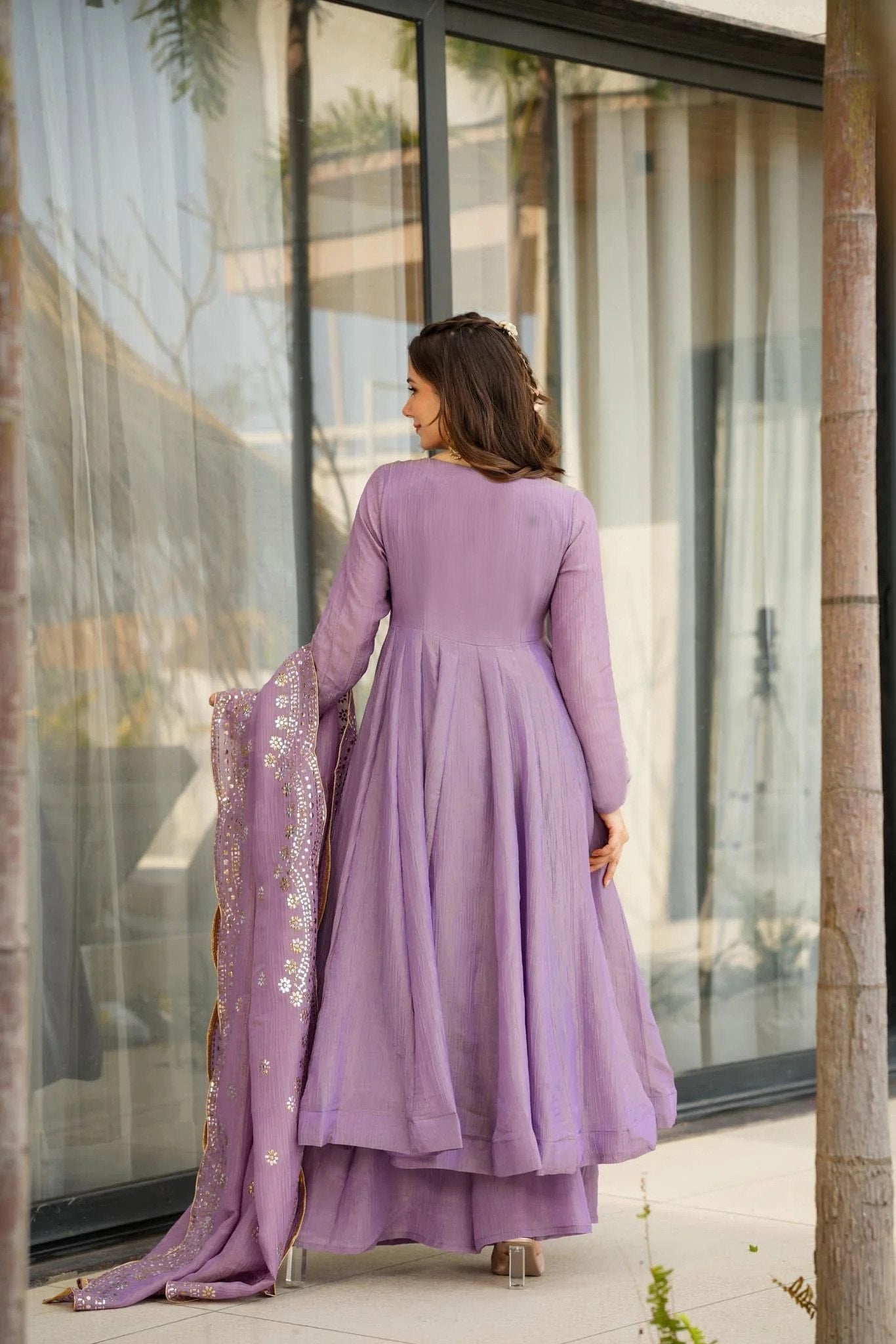 Charming Lavender Flared Kurta Set with Golden Detailing