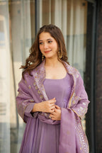 Charming Lavender Flared Kurta Set with Golden Detailing